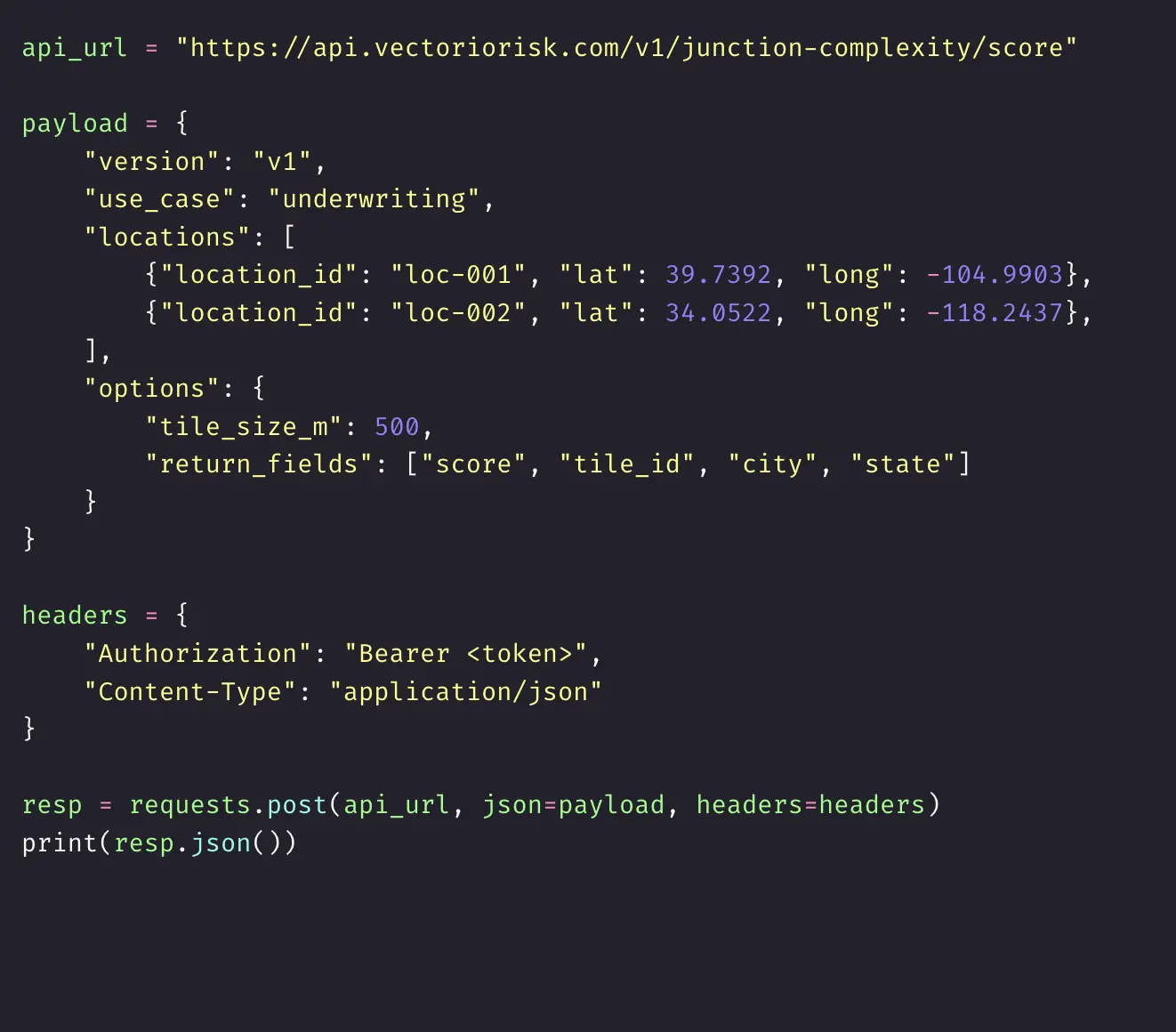 Vectorio scoring API request example
